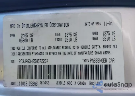 2005 Chrysler 300C z USA, uszkodzony, nr VIN 2C3JA63H85H572267